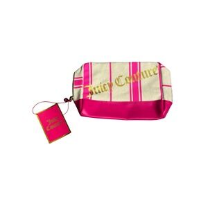 Juicy Couture Pink Striped Canvas Makeup Bag‎ Gold Glitter Logo NWT Large